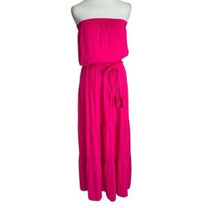 Judith March Women’s Small Vibrant Bright Pink Strapless Silky Midi/Maxi Dress